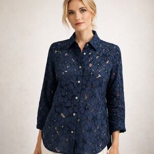 Faith Connexion Lace Button Down Shirt Navy Floral Long Sleeve Size S